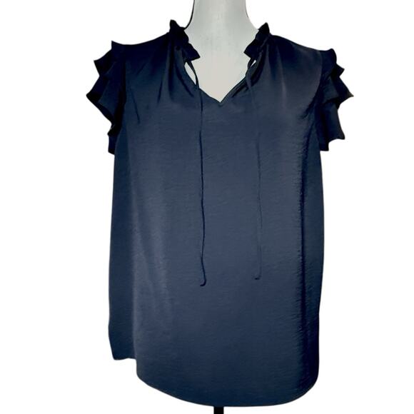 Adrianna Papell Women’s Black Flutter Short Sleeve Blouse Notch Neck Top Size L - Picture 9 of 9